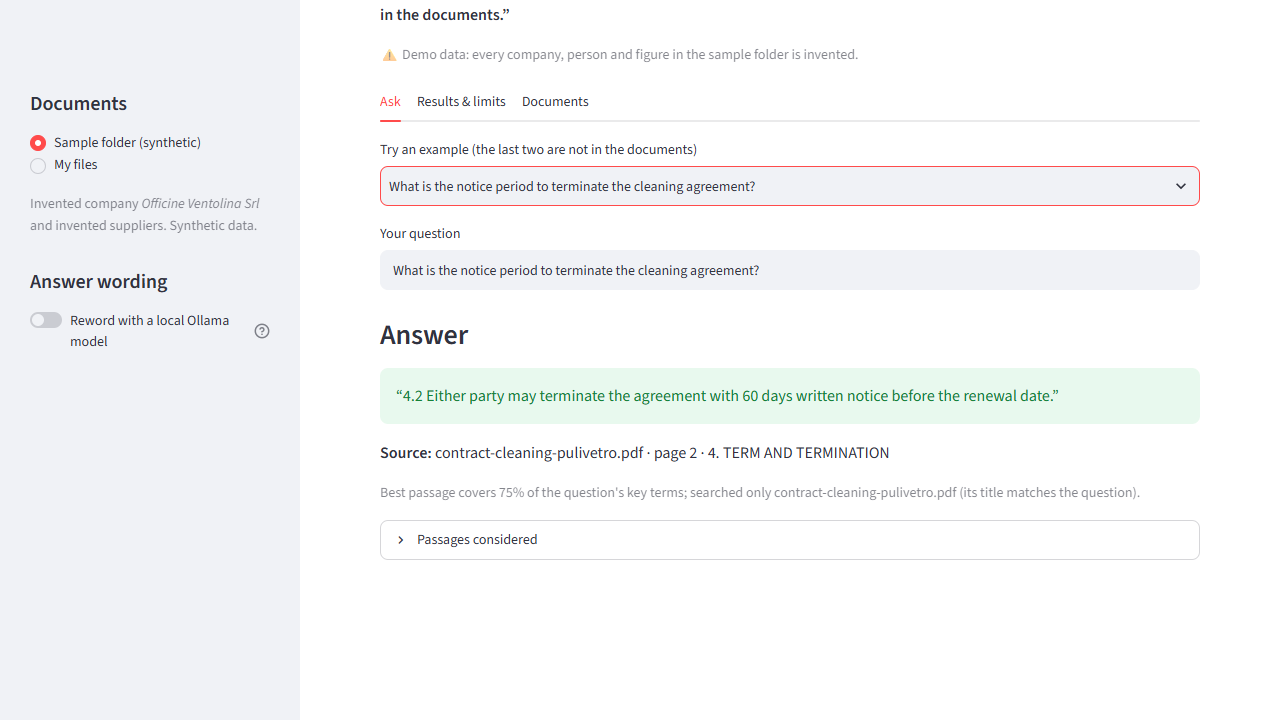 An answer copied from a synthetic company document, shown with its file, page and section.