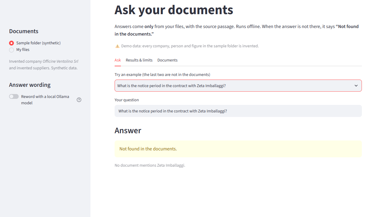 The reply "Not found in the documents." with the question's missing terms listed.